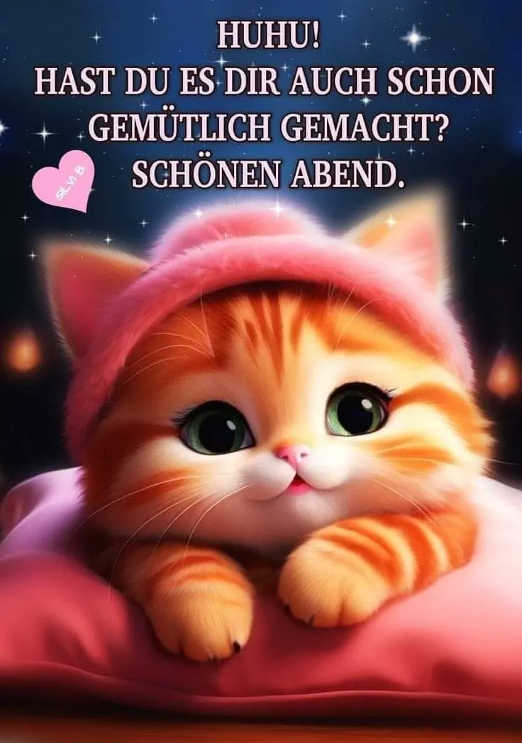 Ein entzückendes, flauschiges Kätzchen mit großen grünen Augen und rosa Mütze liegt auf einem Kissen. Im Hintergrund ein funkelnder Sternenhimmel. Perfekt als Guten-Abend-Grußbild.